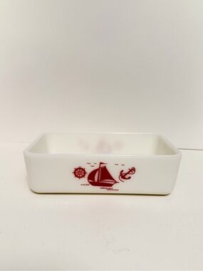 Vintage McKee White Milkglass Refrigerator Dish w/ Red Sailboat